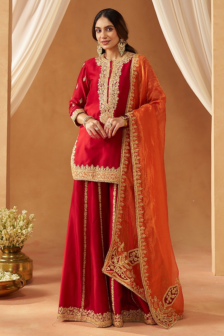 Deep Red Silk Chanderi Sequin Embroidered Wedding Sharara Set by Sheetal Batra at Pernia's Pop Up Shop