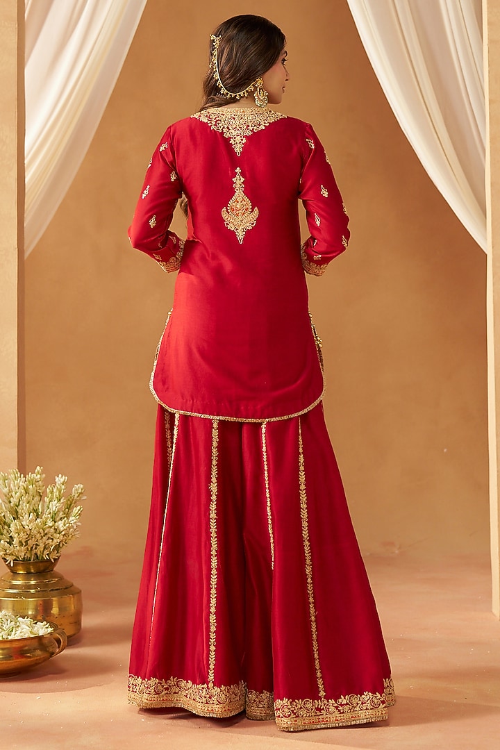 Deep Red Silk Chanderi Sequin Embroidered Wedding Sharara Set by Sheetal Batra at Pernia's Pop Up Shop