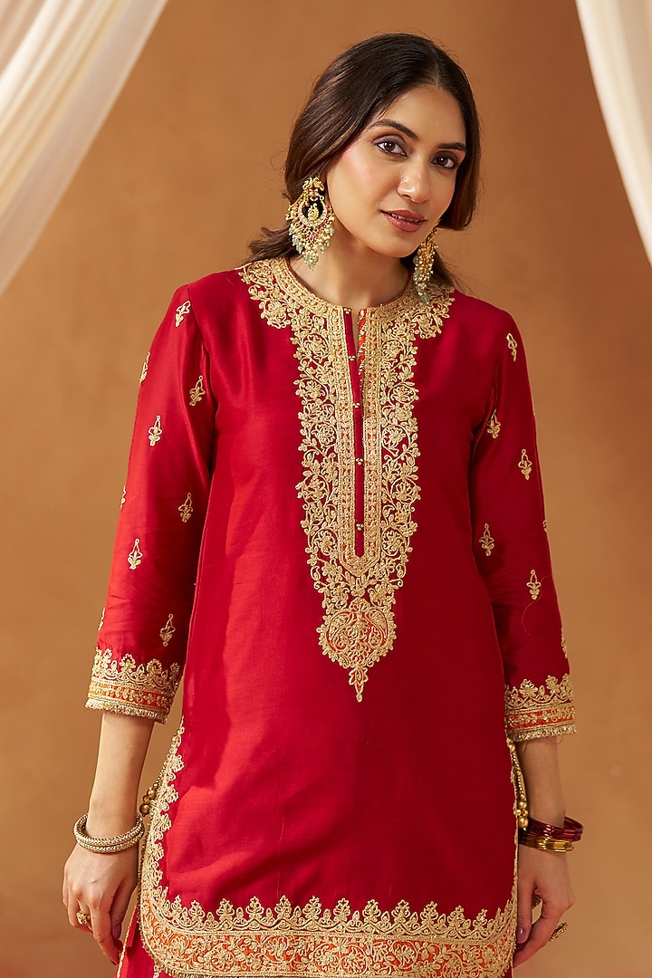 Deep Red Silk Chanderi Sequin Embroidered Wedding Sharara Set by Sheetal Batra at Pernia's Pop Up Shop