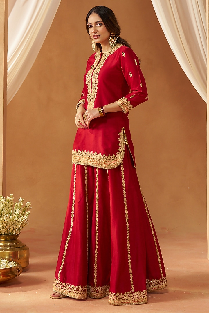 Deep Red Silk Chanderi Sequin Embroidered Wedding Sharara Set by Sheetal Batra at Pernia's Pop Up Shop