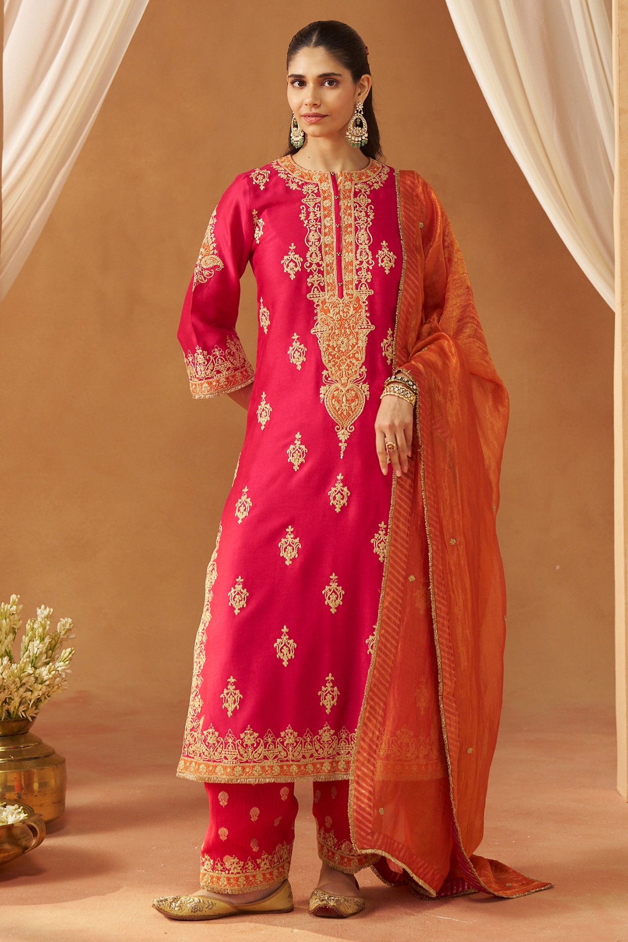 Sheetal Batra Hot Pink Silk Chanderi Sequin Embroidered Kurta Set