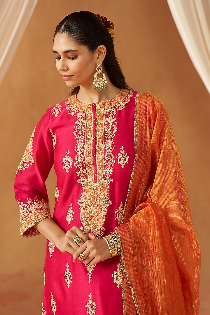 Hot Pink Silk Chanderi Sequin Embroidered Kurta Set by Sheetal Batra at Pernia's Pop Up Shop