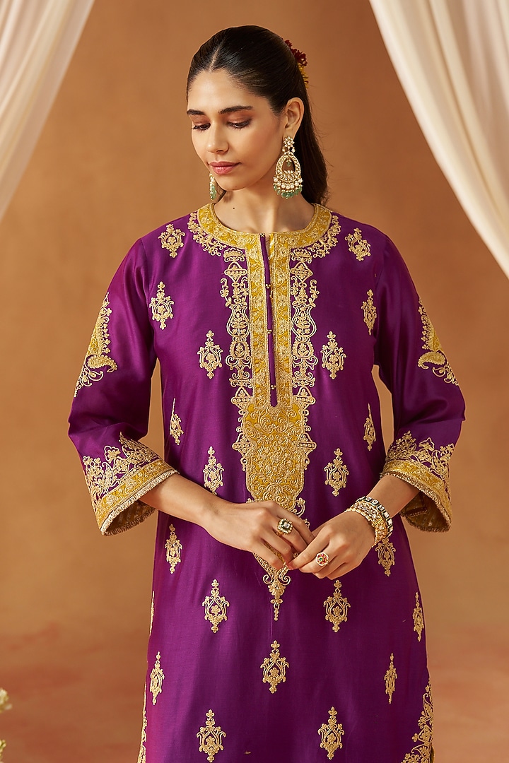 Deep Purple Silk Chanderi Sequin Embroidered Kurta Set by Sheetal Batra at Pernia's Pop Up Shop