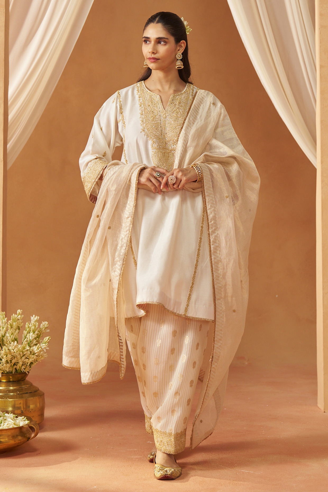 Sheetal Batra Daisy Ivory Silk Chanderi Kashmiri Tilla Embroidered Kalidar Kurta Set