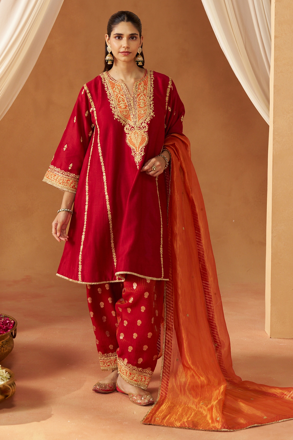 Sheetal Batra Deep Red Silk Chanderi Kashmiri Tilla Embroidered Kalidar Kurta Set