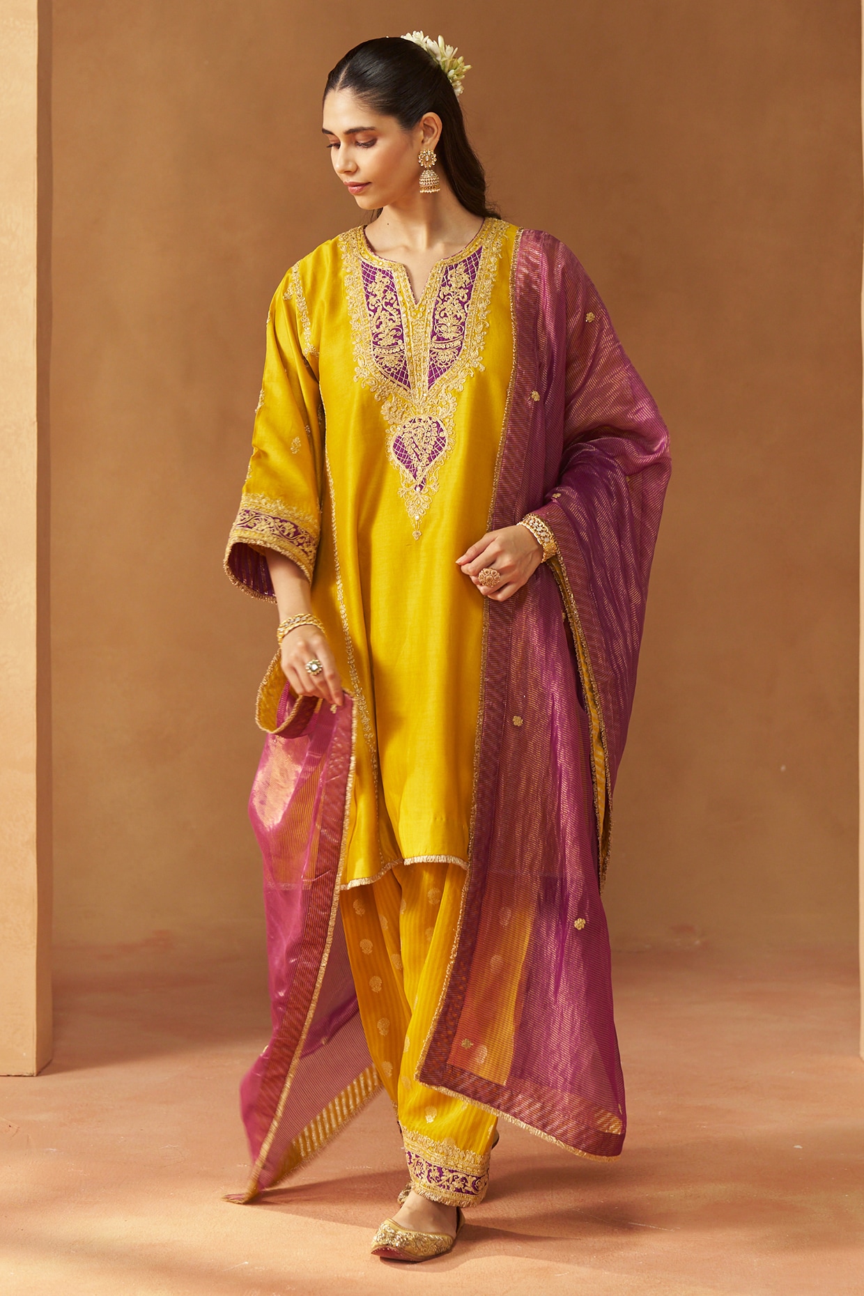 Sheetal Batra Mustard Silk Chanderi Kashmiri Tilla Embroidered Kalidar Kurta Set