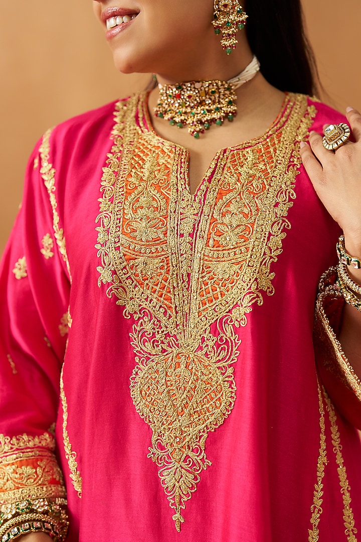 Hot Pink Silk Chanderi Kashmiri Tilla Embroidered Kalidar Kurta Set by Sheetal Batra at Pernia's Pop Up Shop