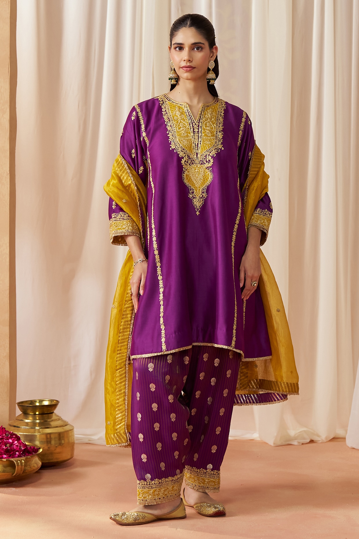 Sheetal Batra Deep Purple Silk Chanderi Kashmiri Tilla Embroidered Kalidar Kurta Set