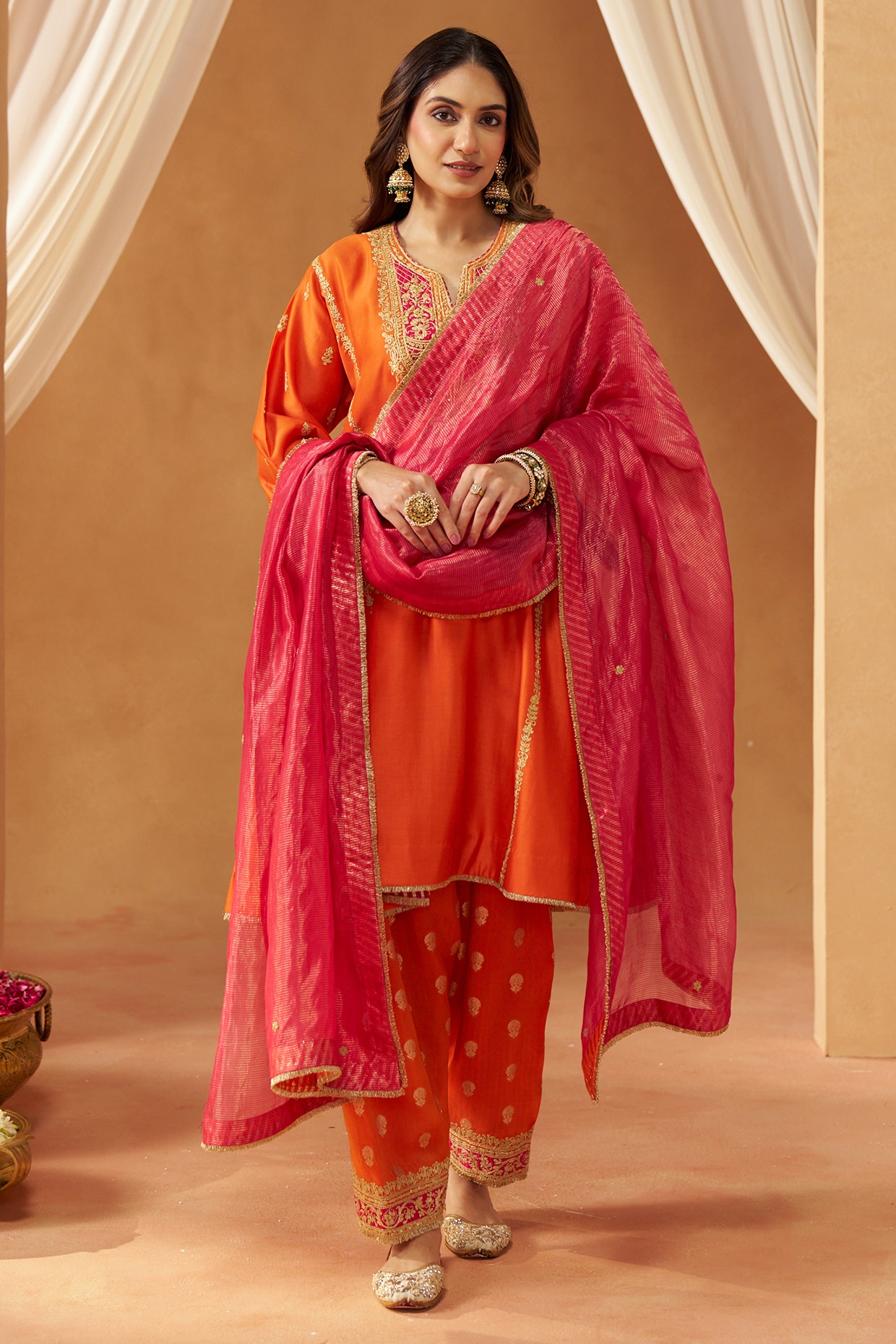 Sheetal Batra Burnt Orange Silk Chanderi Kashmiri Tilla Embroidered Kalidar Kurta Set
