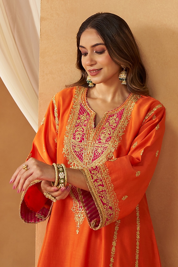 Burnt Orange Silk Chanderi Kashmiri Tilla Embroidered Kalidar Kurta Set by Sheetal Batra at Pernia's Pop Up Shop