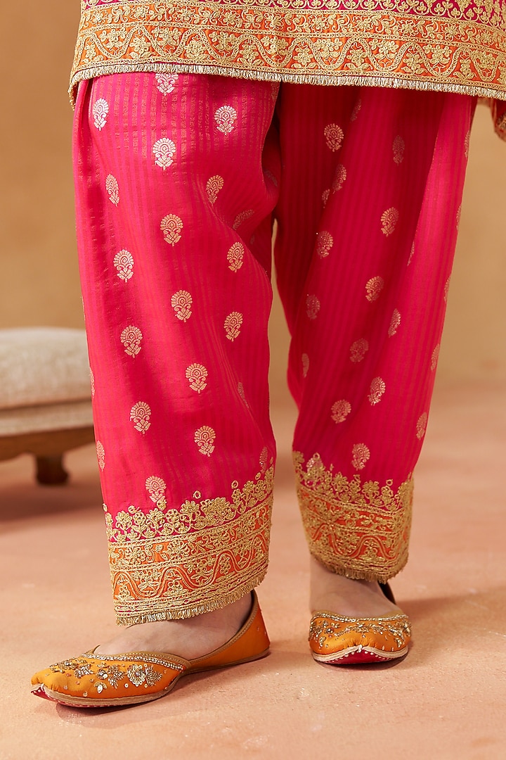 Hot Pink Pure Silk Chanderi Kashmiri Tilla Embroidered Short Kurta Set by Sheetal Batra at Pernia's Pop Up Shop