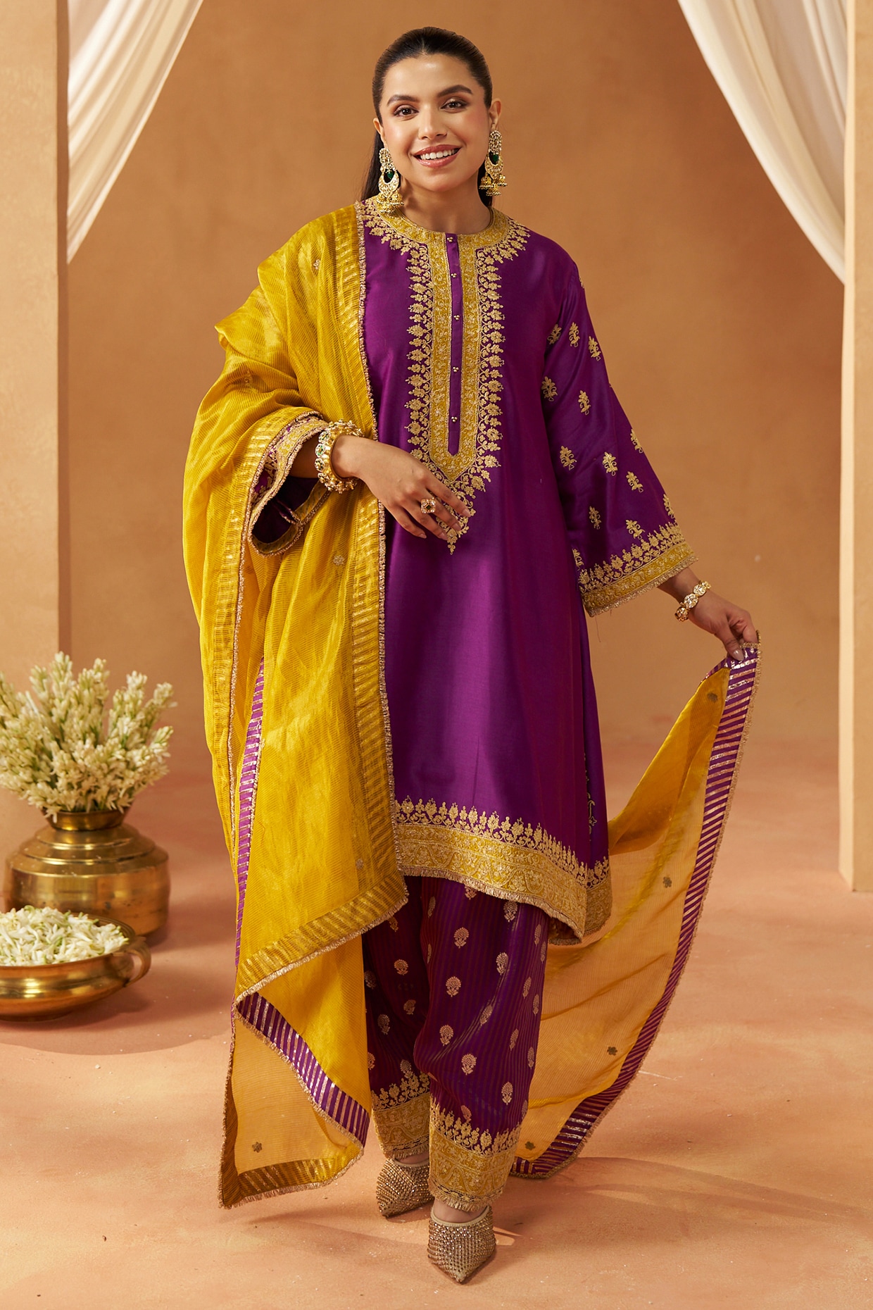 Sheetal Batra Deep Purple Silk Chanderi Sequin Embroidered A-Line Kaftan Set