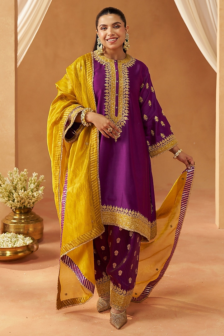 Deep Purple Silk Chanderi Sequin Embroidered A-Line Kaftan Set by Sheetal Batra at Pernia's Pop Up Shop
