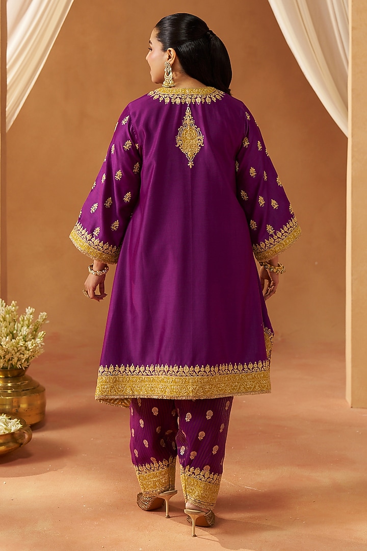 Deep Purple Silk Chanderi Sequin Embroidered A-Line Kaftan Set by Sheetal Batra at Pernia's Pop Up Shop