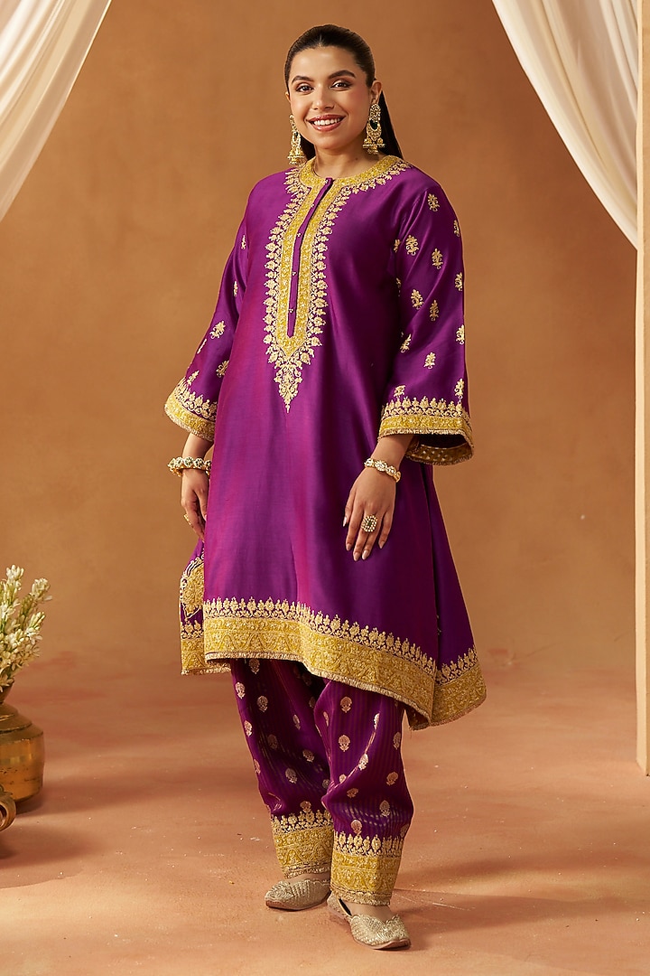 Deep Purple Silk Chanderi Sequin Embroidered A-Line Kaftan Set by Sheetal Batra at Pernia's Pop Up Shop