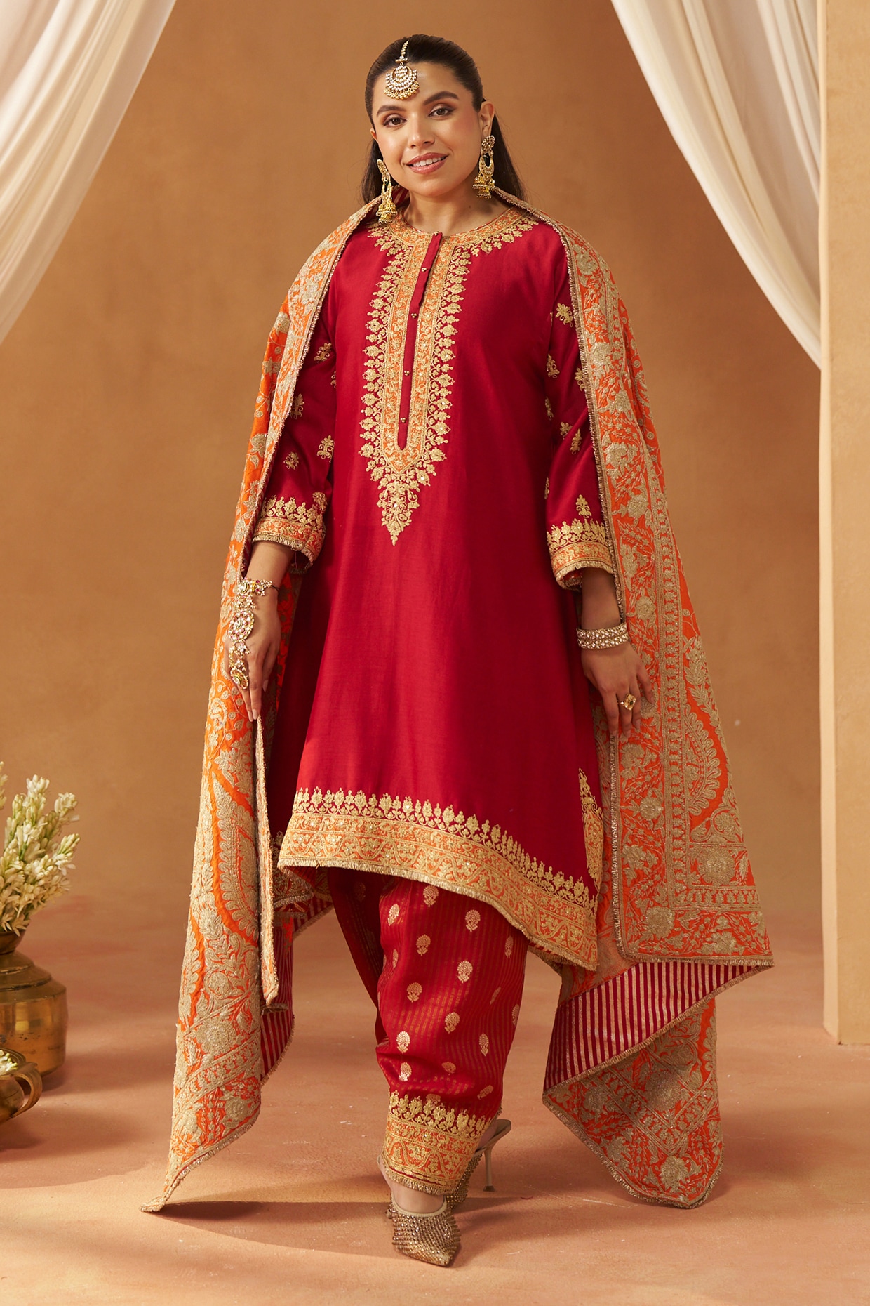 Sheetal Batra Deep Red Silk Chanderi Sequin Embroidered A-Line Kaftan Set