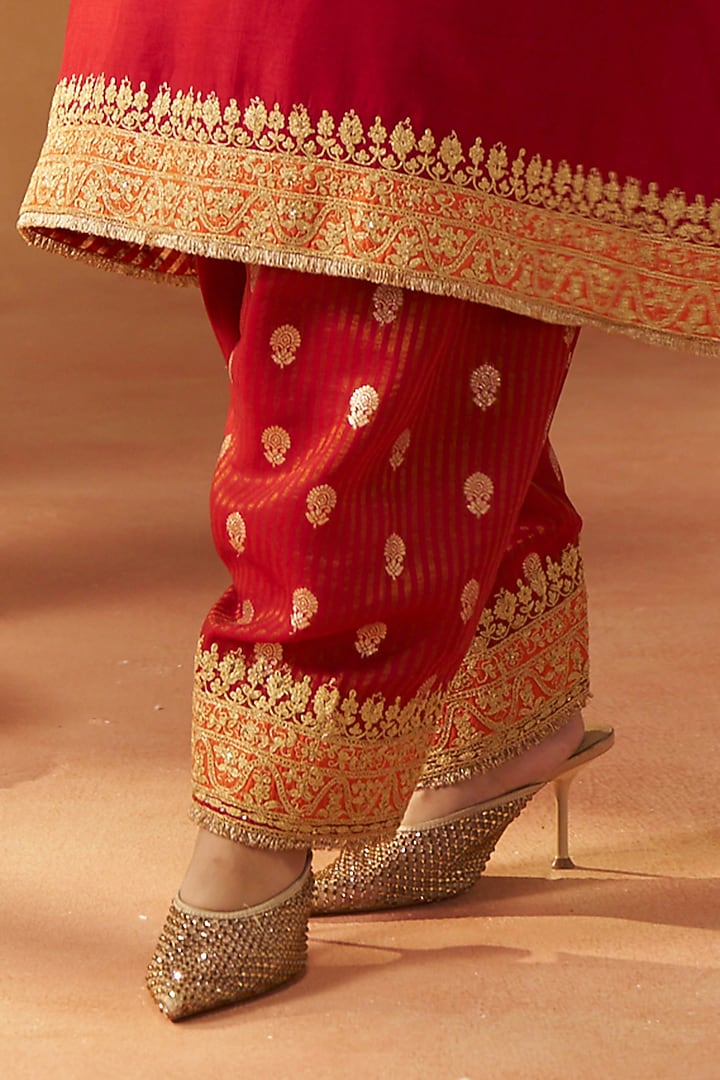 Deep Red Silk Chanderi Sequin Embroidered A-Line Kaftan Set by Sheetal Batra at Pernia's Pop Up Shop