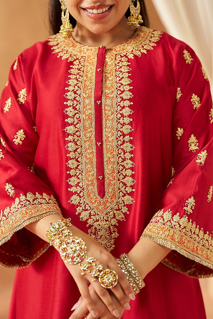 Deep Red Silk Chanderi Sequin Embroidered A-Line Kaftan Set by Sheetal Batra at Pernia's Pop Up Shop