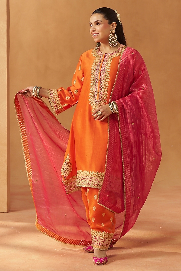 Burnt Orange Silk Chanderi Sequin Embroidered A-Line Kaftan Set by Sheetal Batra at Pernia's Pop Up Shop