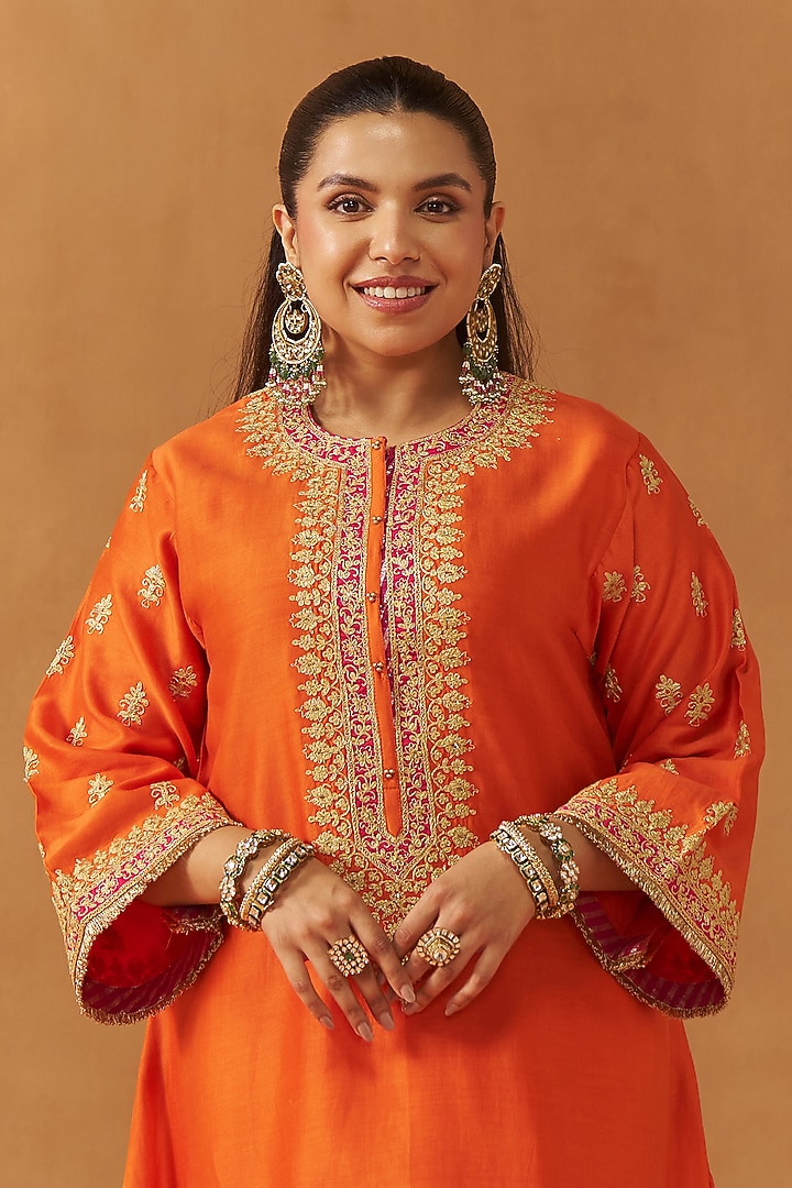 Burnt Orange Silk Chanderi Sequin Embroidered A-Line Kaftan Set by Sheetal Batra at Pernia's Pop Up Shop