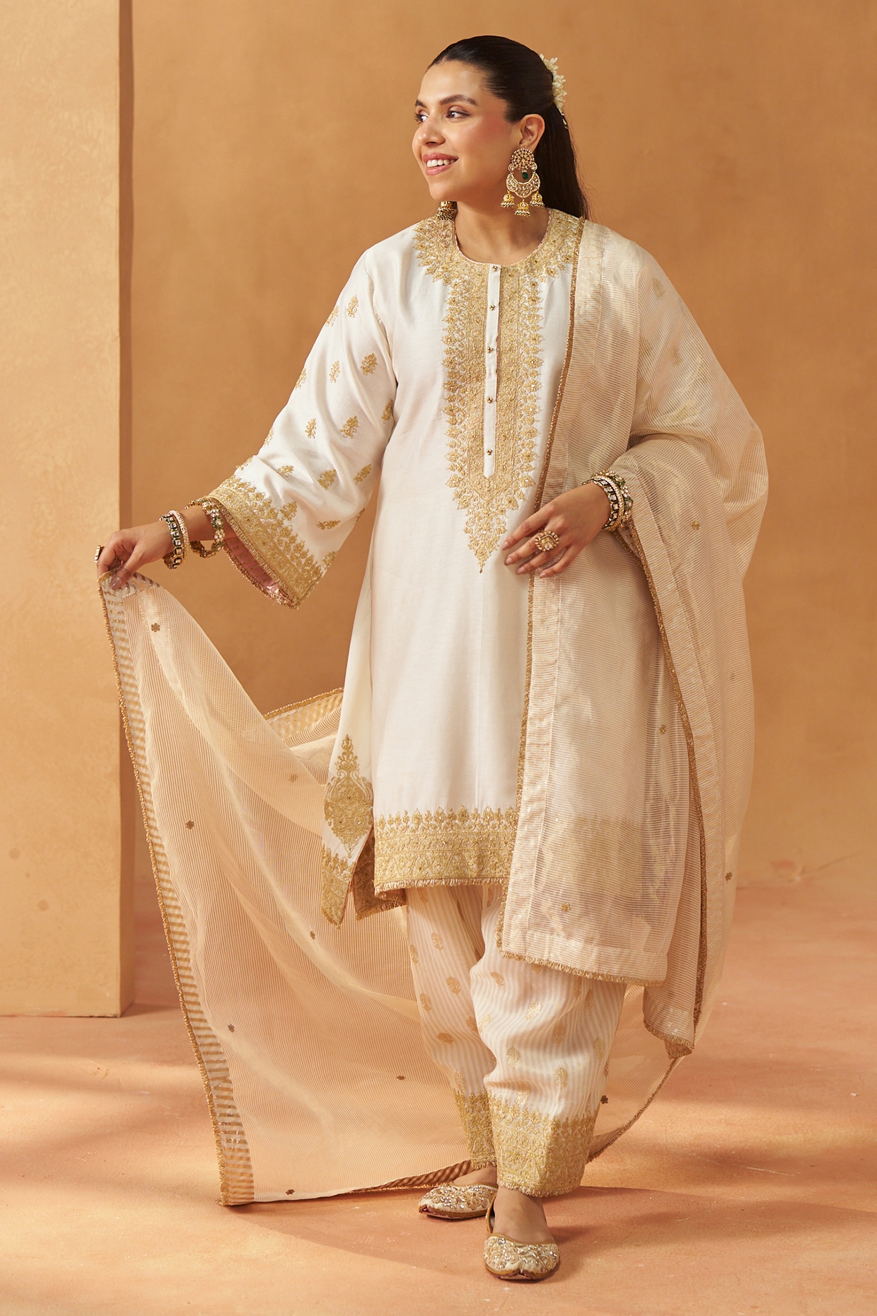 Sheetal Batra Daisy Ivory Silk Chanderi Sequin Embroidered A-Line Kaftan Set