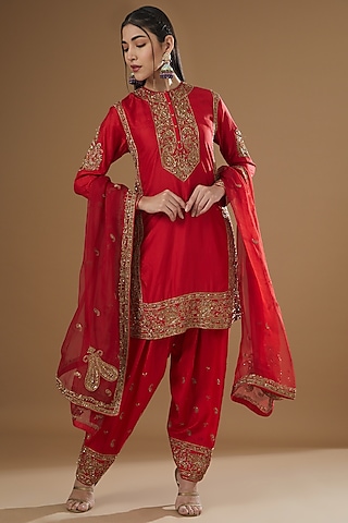 Red Banglore Silk Embroidered A-line Kurta Set by Sheetal Batra