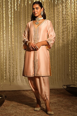 Rose Pink Bamberg Satin Dhoti Set by Sheetal Batra