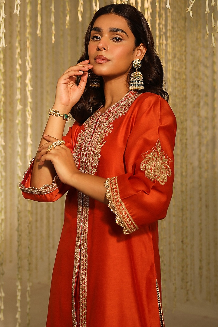 Burnt Orange Bamberg Satin Dhoti Set by Sheetal Batra at Pernia's Pop Up Shop