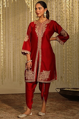 Deep Red Bamberg Satin Dhoti Set by Sheetal Batra