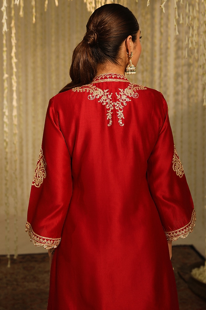 Deep Red Bamberg Satin Dhoti Set by Sheetal Batra at Pernia's Pop Up Shop