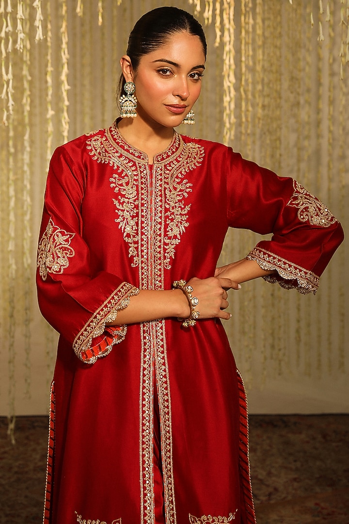 Deep Red Bamberg Satin Dhoti Set by Sheetal Batra at Pernia's Pop Up Shop