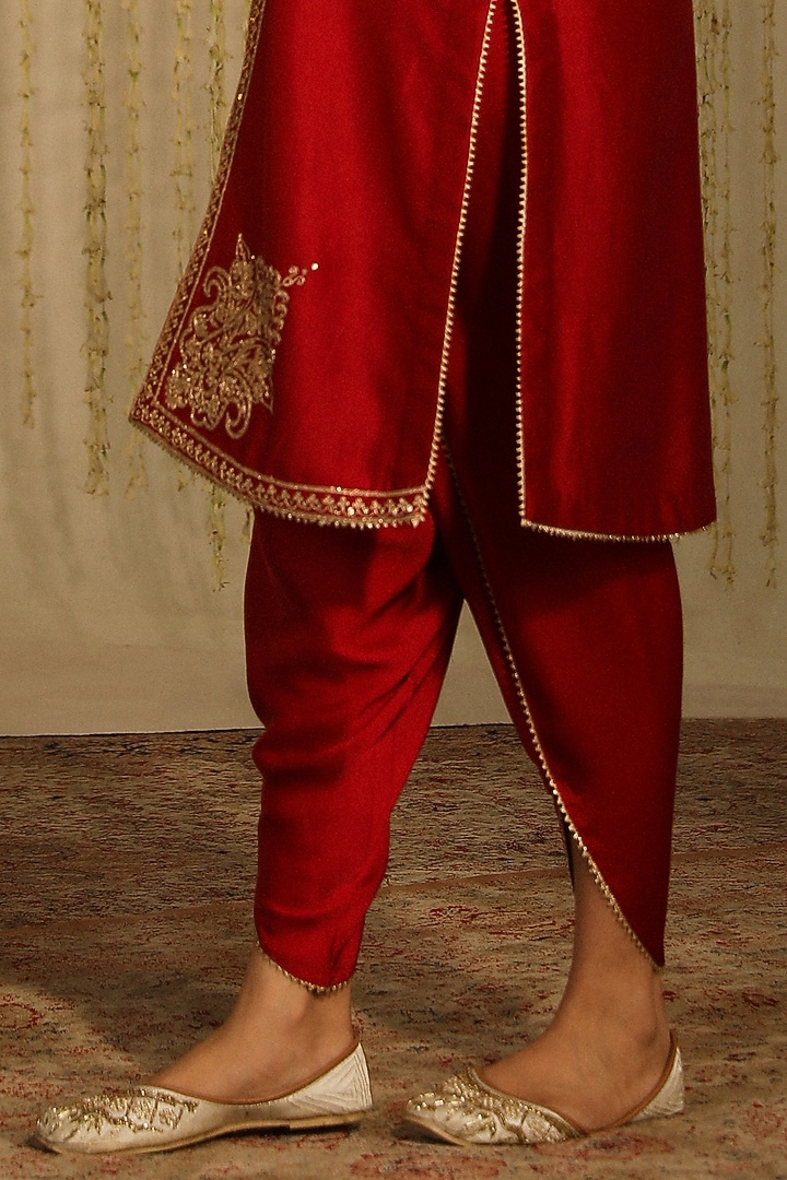 Deep Red Bamberg Satin Dhoti Set by Sheetal Batra at Pernia's Pop Up Shop