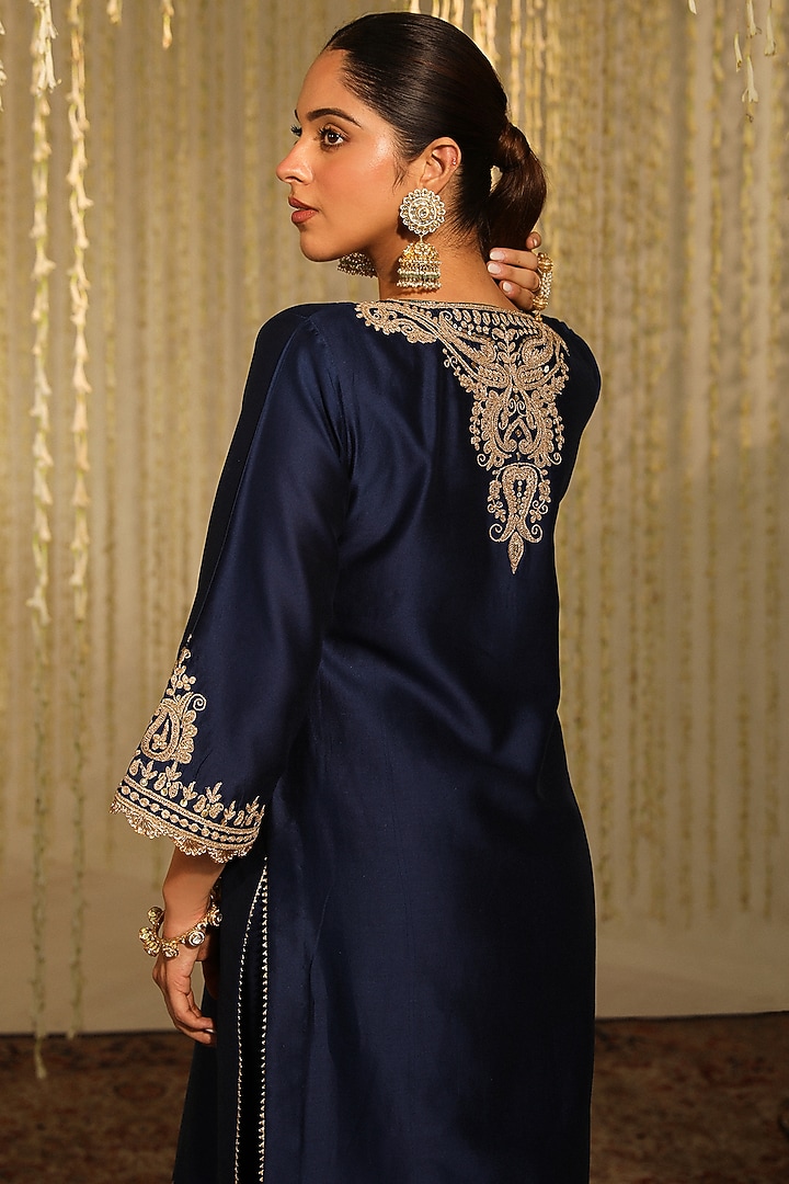 Deep Blue Bamberg Satin Dhoti Set by Sheetal Batra at Pernia's Pop Up Shop