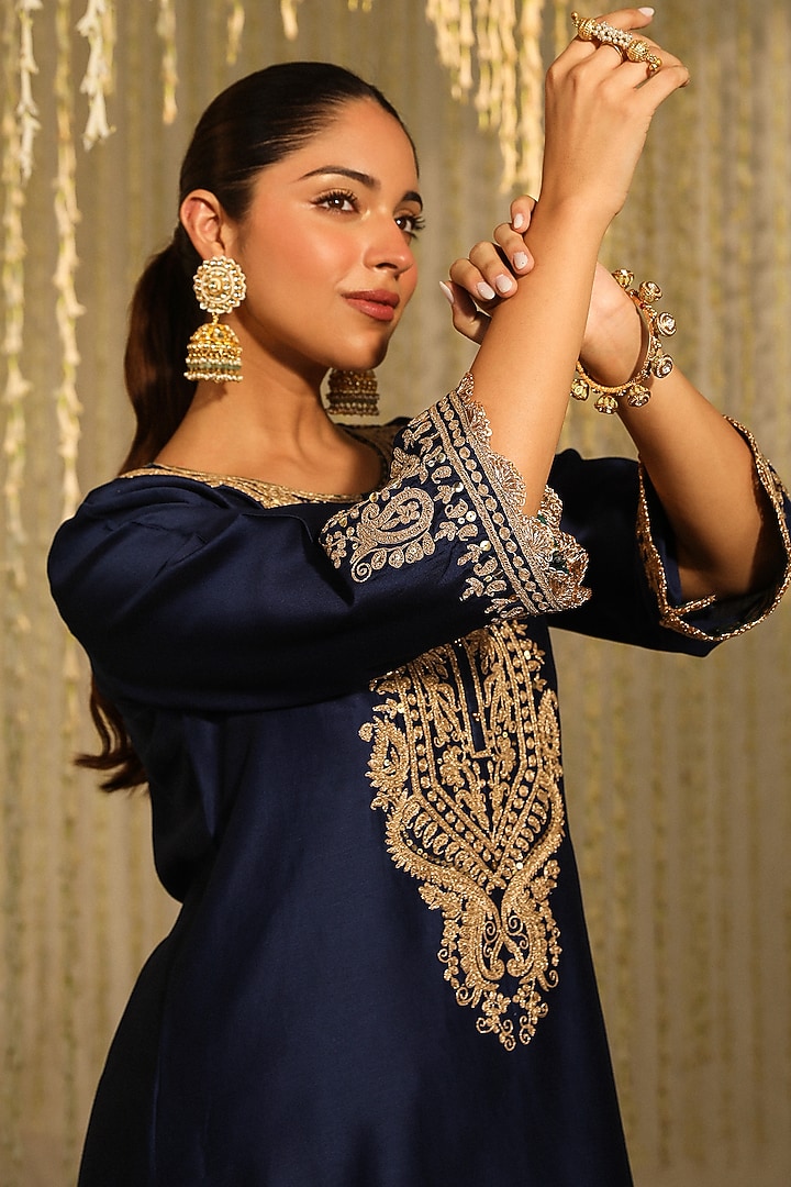 Deep Blue Bamberg Satin Dhoti Set by Sheetal Batra at Pernia's Pop Up Shop