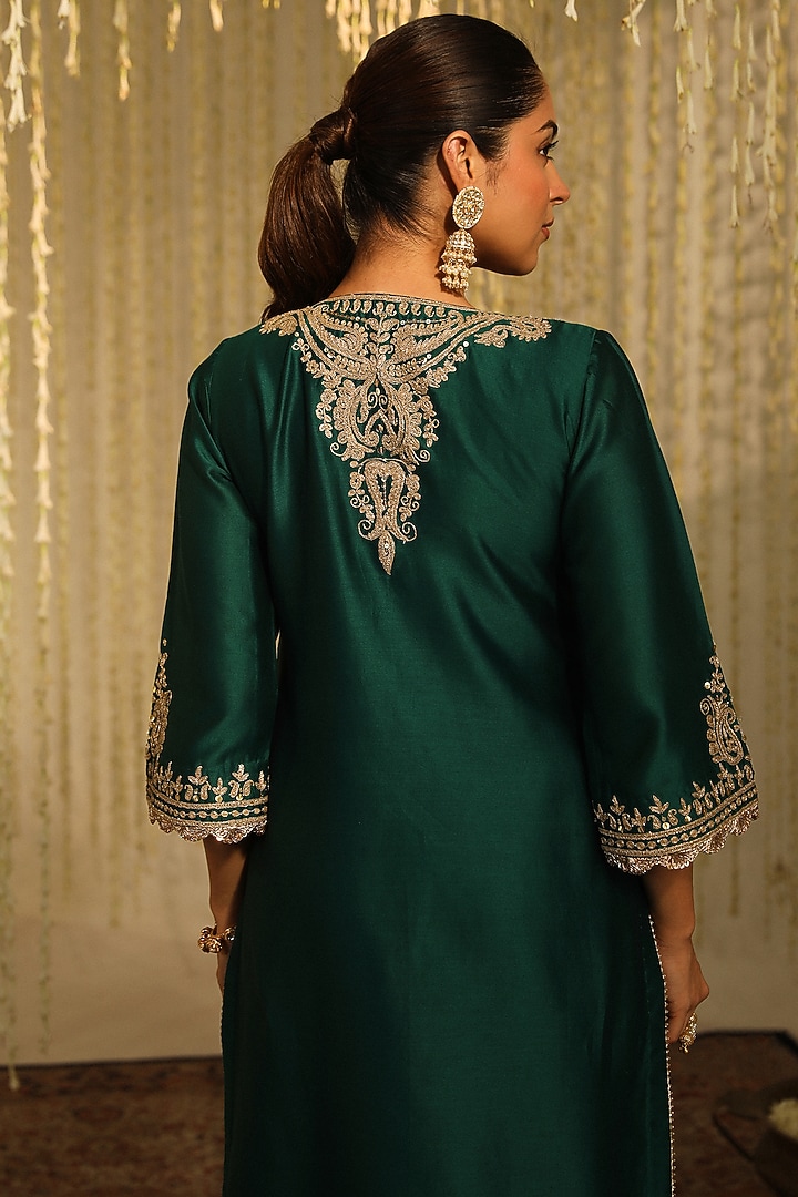 Emerald Green Bamberg Satin Dhoti Set by Sheetal Batra at Pernia's Pop Up Shop