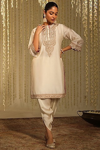 Daisy Ivory Bamberg Satin Dhoti Set by Sheetal Batra