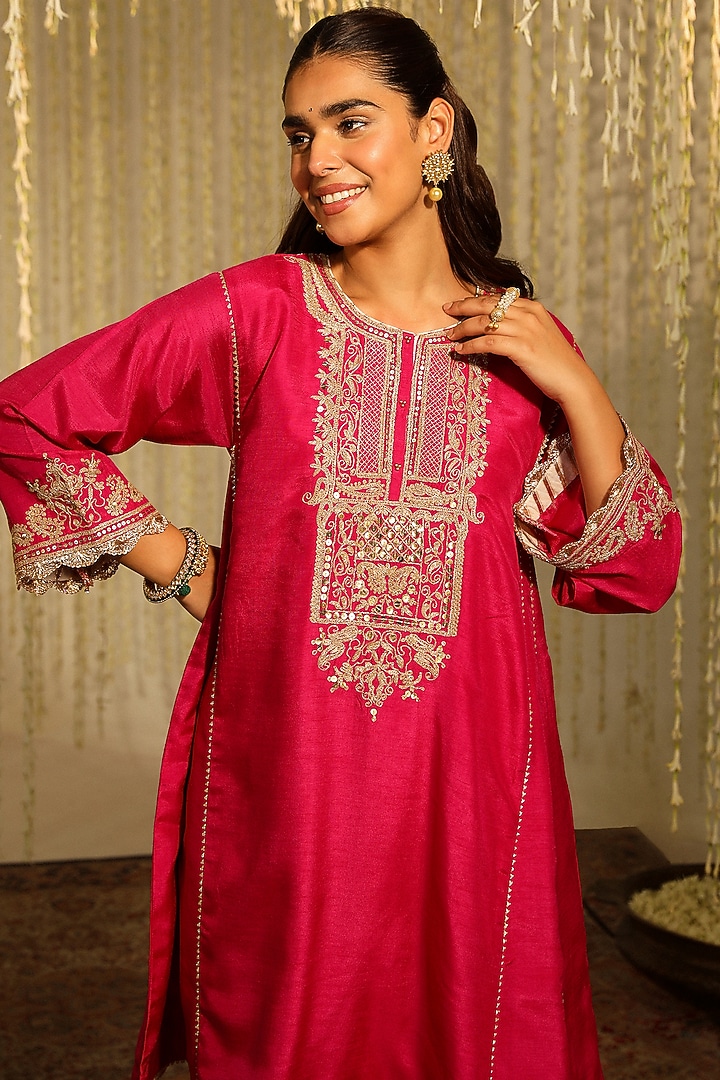 Hot Pink Pure Silk Embroidered Kalidar Kurta Set by Sheetal Batra at Pernia's Pop Up Shop