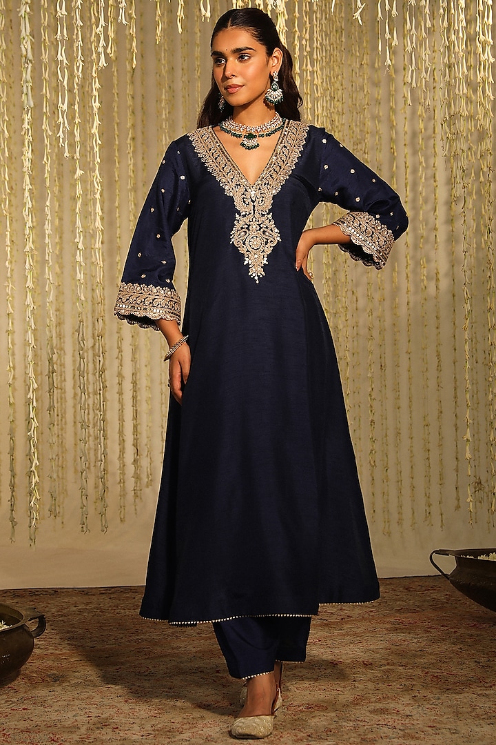 Deep Blue Pure Silk Embroidered Kaftan Set by Sheetal Batra