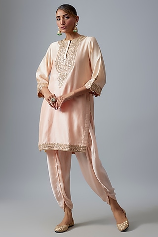 Peach Bemberg Satin Dhoti Set by Sheetal Batra