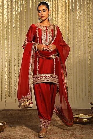Deep Red Silk Chanderi Embroidered A-Line Kurta Set by Sheetal Batra