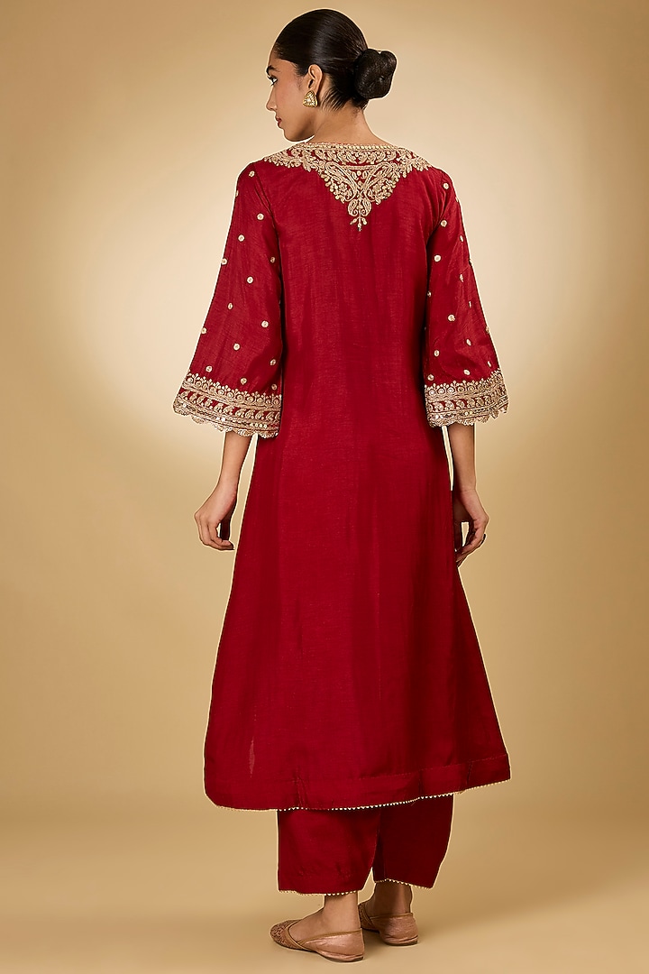 Red Upada Silk Kiran Dori Kaftan Kurta Set by Sheetal Batra at Pernia's Pop Up Shop
