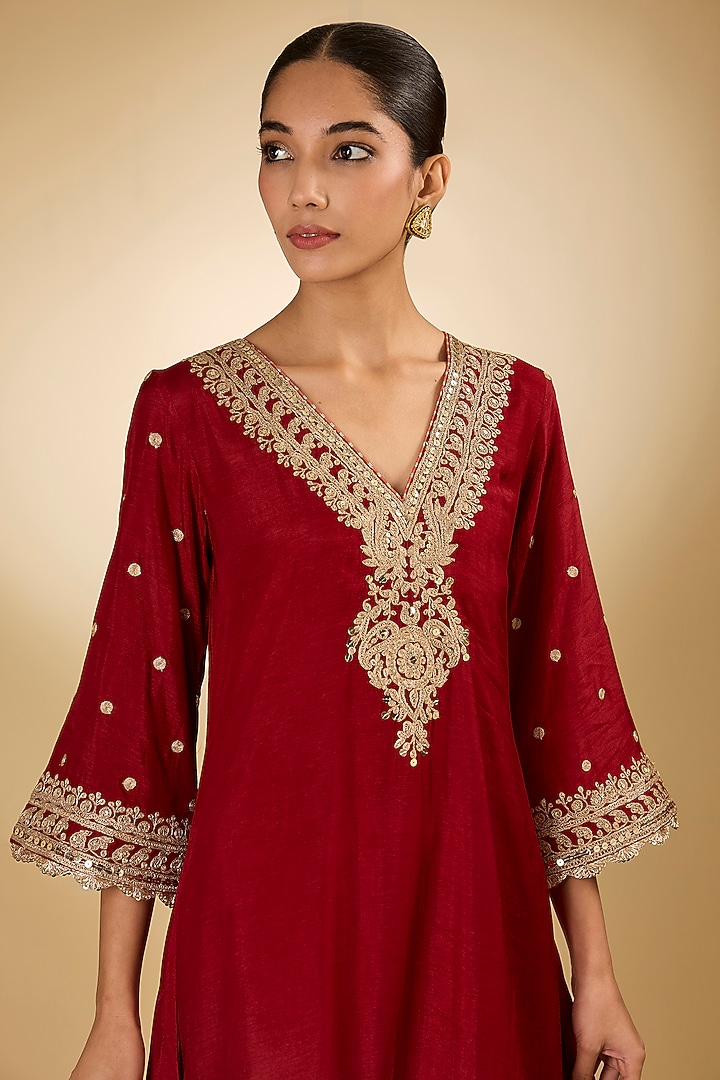 Red Upada Silk Kiran Dori Kaftan Kurta Set by Sheetal Batra at Pernia's Pop Up Shop