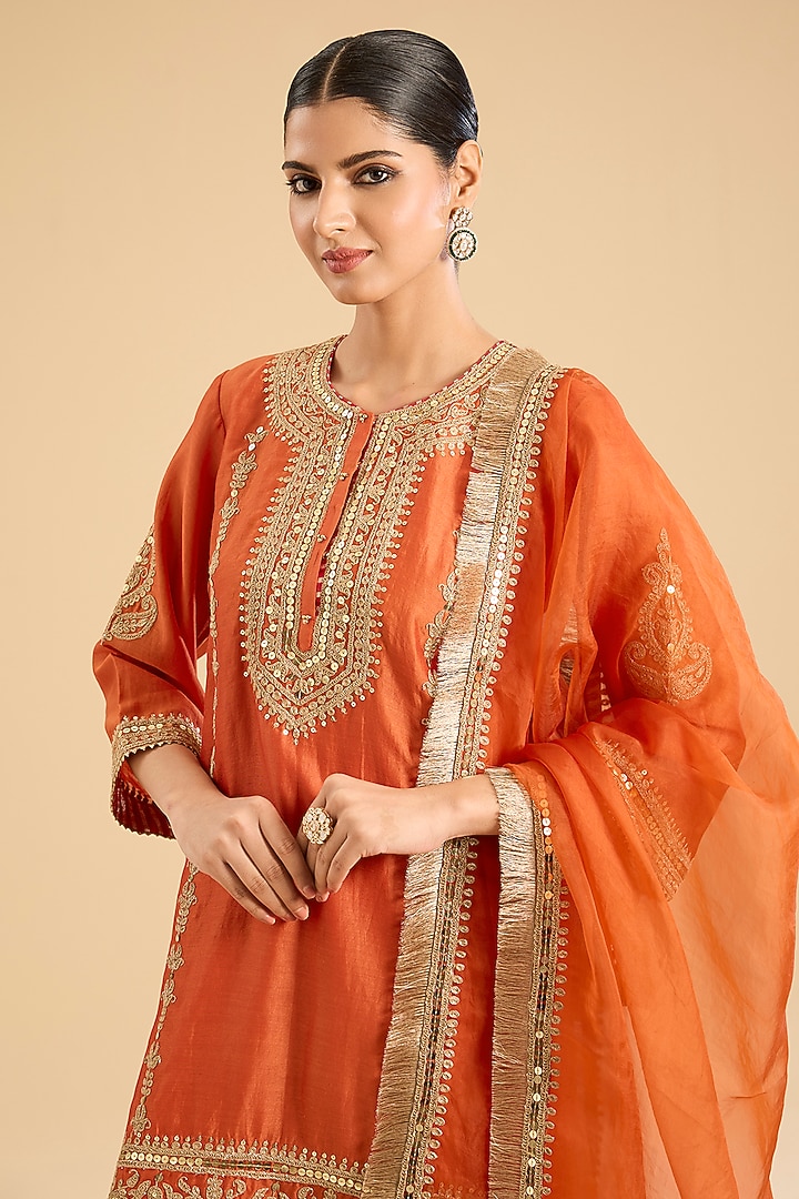 Burnt Orange Silk Chanderi Sitara Embroidered A-Line Kurta Set by Sheetal Batra at Pernia's Pop Up Shop