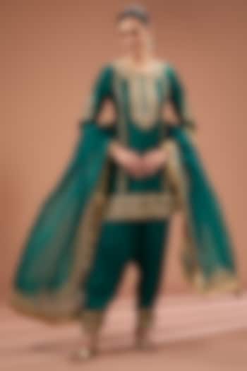 Green Silk Chanderi Kiran Dori Embroidered A-Line Kurta Set by Sheetal Batra at Pernia's Pop Up Shop