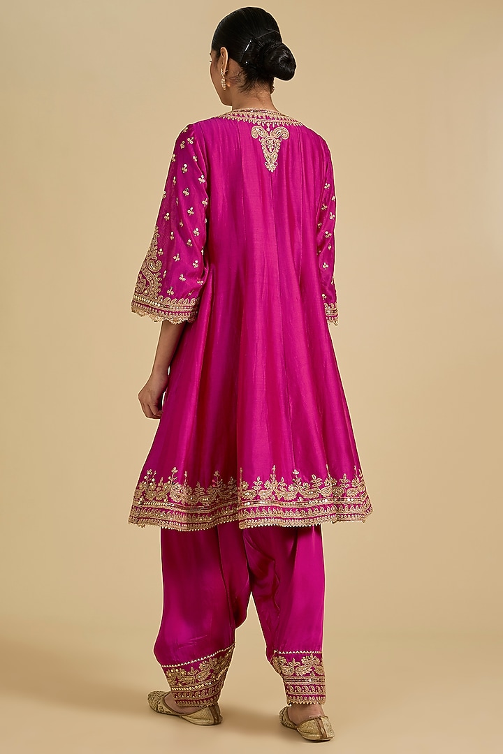 Pink Pure Silk Chanderi Sitara Embroidered Short Kalidar Kurta Set by Sheetal Batra at Pernia's Pop Up Shop