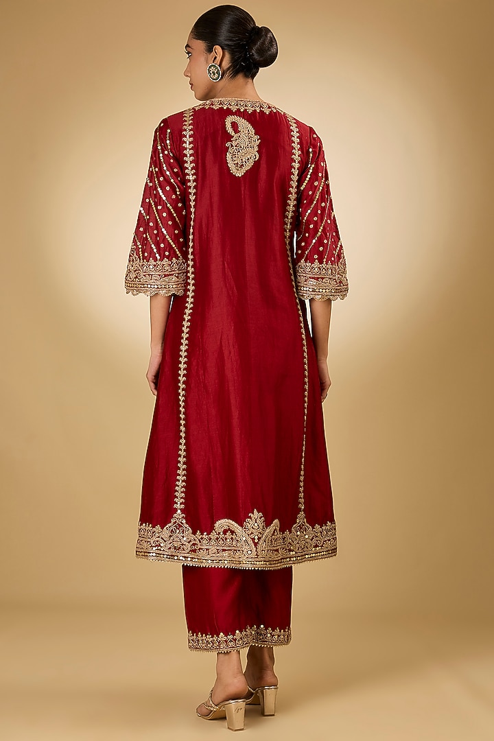 Red Silk Chanderi Kiran Dori Embroidered A-Line Kurta Set by Sheetal Batra at Pernia's Pop Up Shop