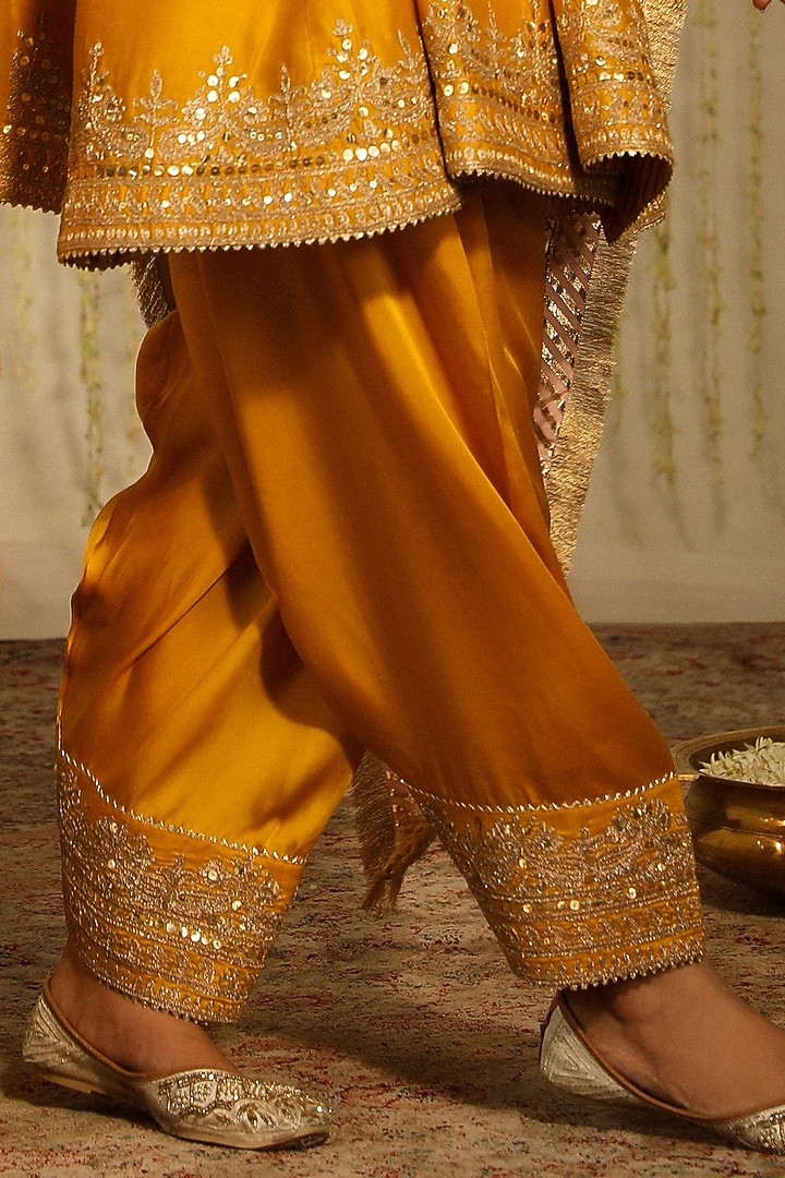 Glaze Mustard Silk Chanderi Embroidered Kalidar Kurta Set by Sheetal Batra at Pernia's Pop Up Shop