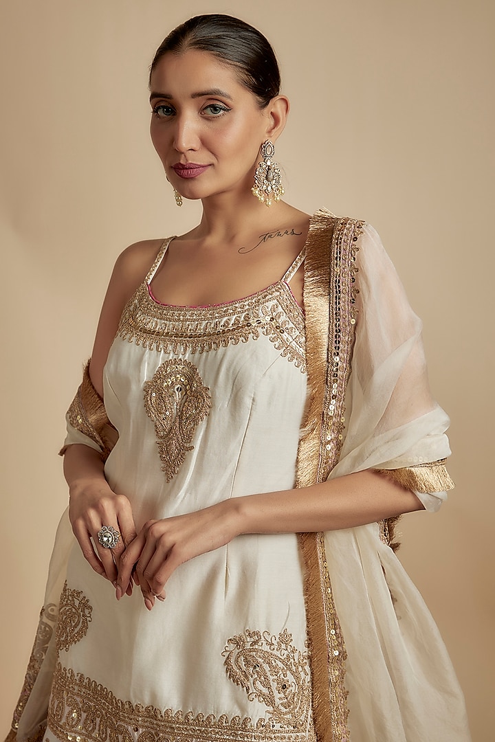 Ivory Silk Chanderi Kiran Dori Embroidered Wedding Sharara Set by Sheetal Batra at Pernia's Pop Up Shop