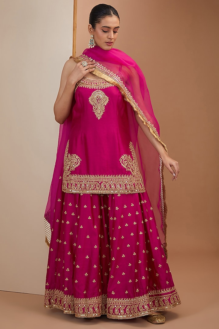 Pink Silk Chanderi Boota Embroidered Wedding Sharara Set by Sheetal Batra at Pernia's Pop Up Shop