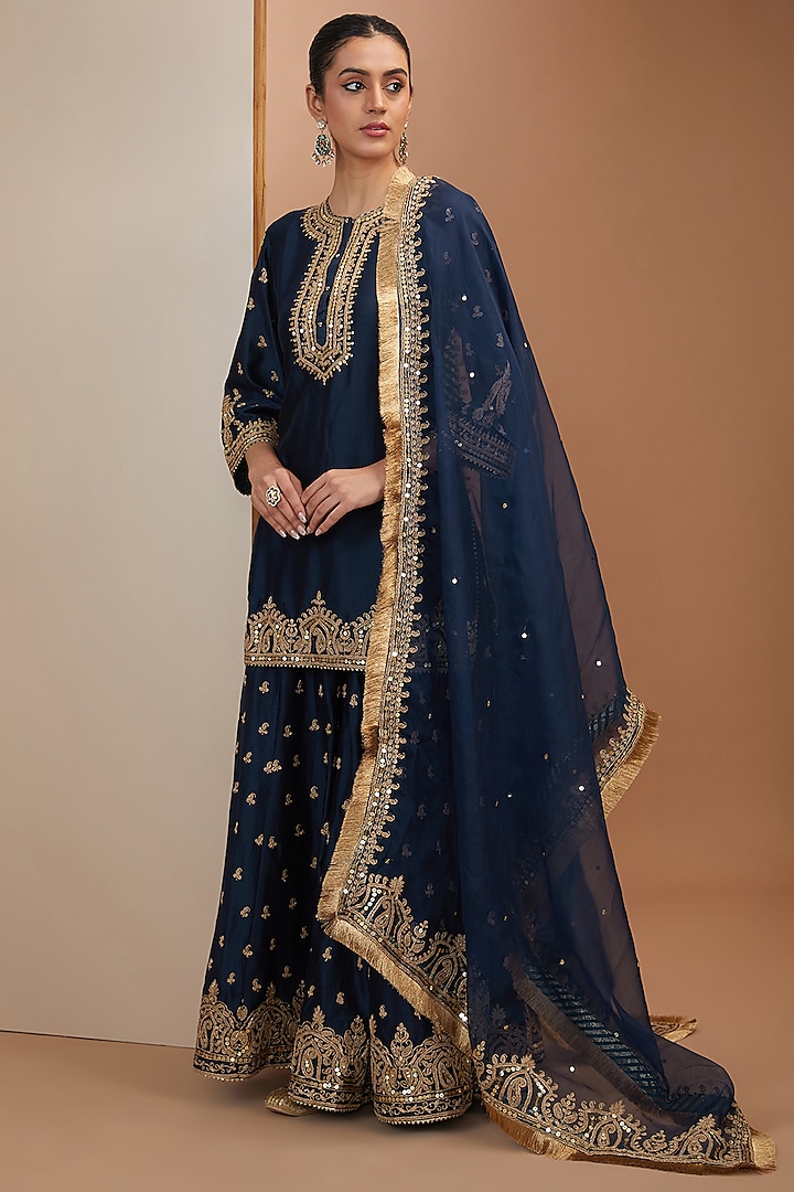 Blue Silk Chanderi Boota Embroidered Sharara Set by Sheetal Batra